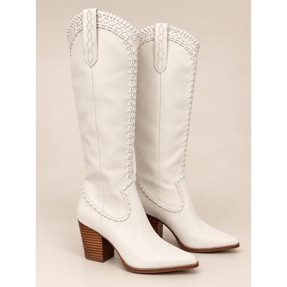 Show Me Your Mumu x Bilini Finley White Whipstitch Western Cowboy Boots Size 6